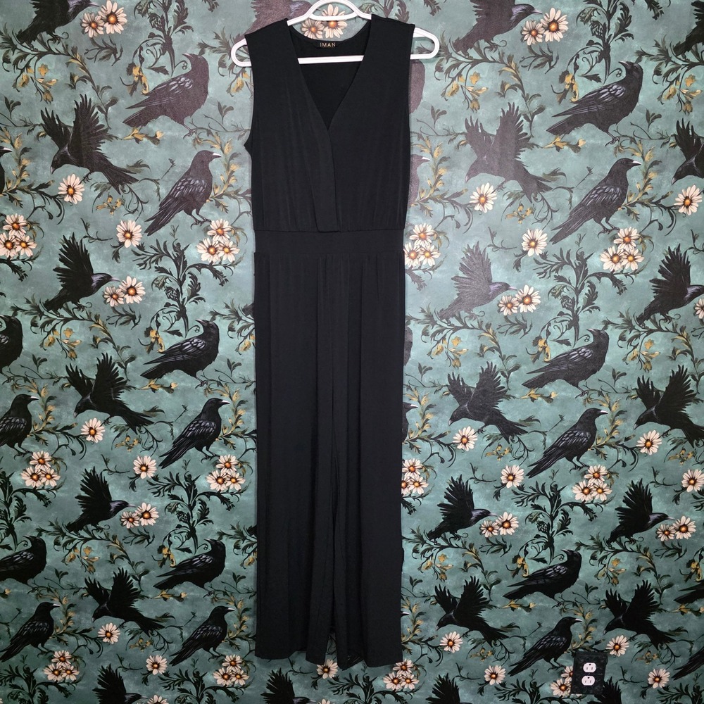 Iman Jumpsuit Black Wide Leg V-Neck Sleeveless Global Chic XS New Stretch Jersey